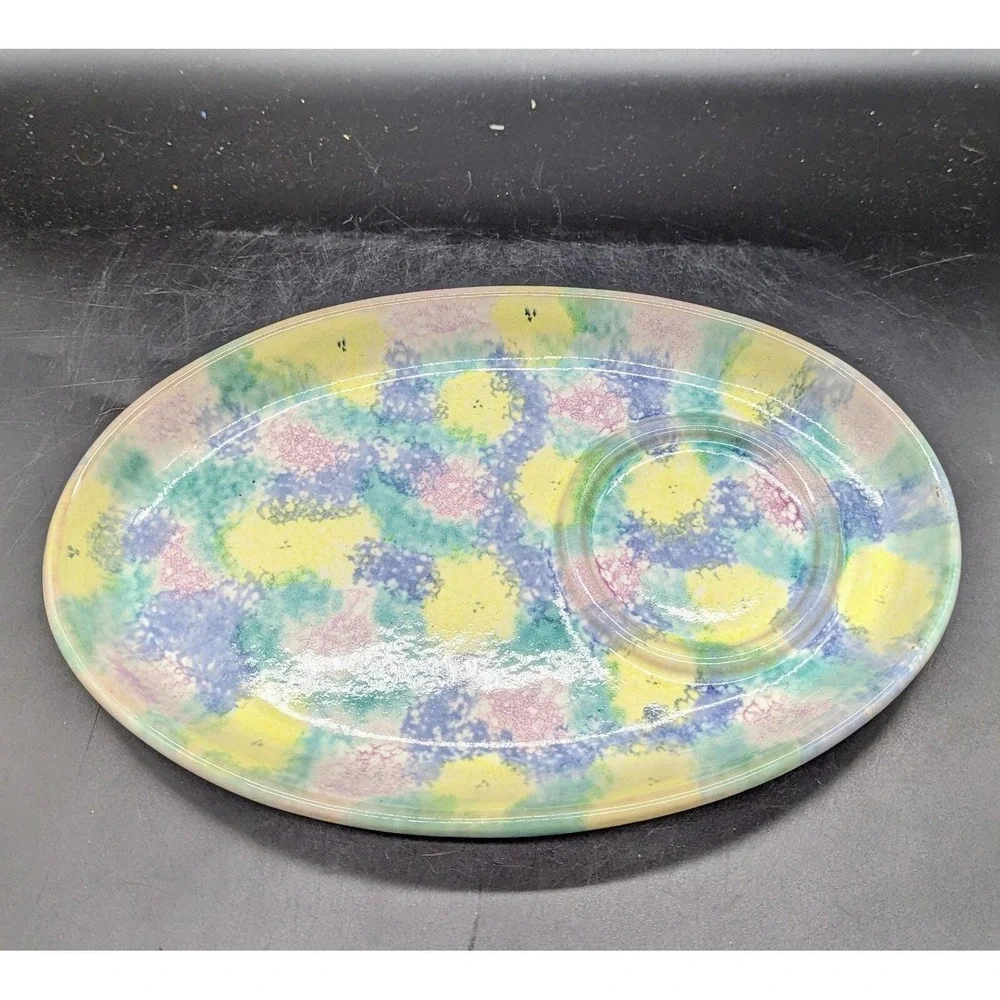 Vntg SPONGED REDWARE Oval‎ Snack Tray Christian Ridge Pottery Paris Maine 11.5